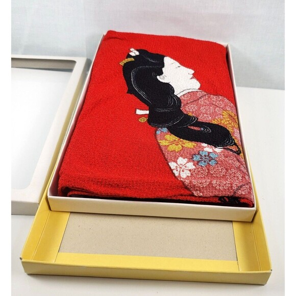 Vintage 1950's Hishikawa Moronobu Japanese Geisha Art Scarf Red Rayon Scarf - Picture 3 of 13